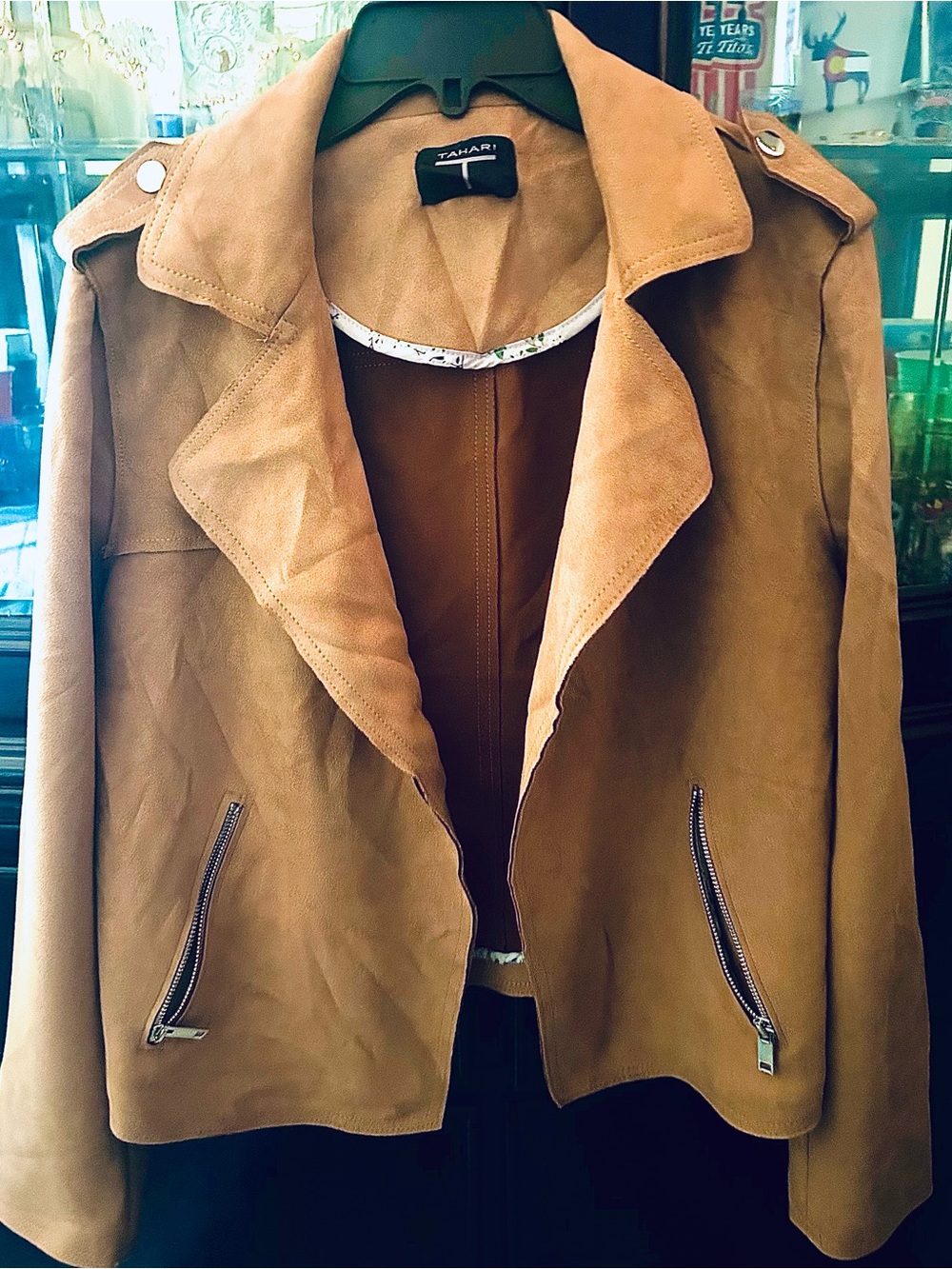 VINTAGE #Tahari Women's Suede, floral lined Moto Jacket in Camel - Size Medium